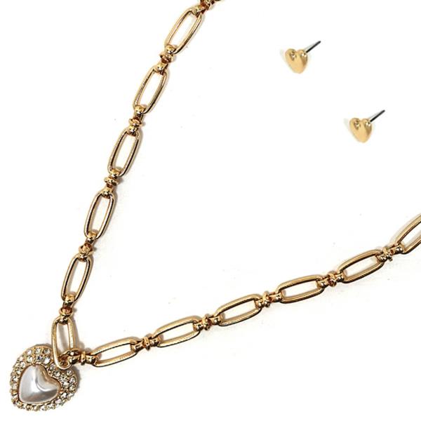 METAL CHAIN PEARL HEART PENDANT NECKLACE EARRING SET