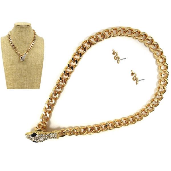 RHINESTONE SNAKE METAL CHAIN NECKLACE EARRING SET