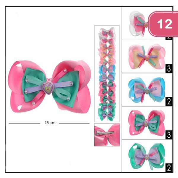 RIBBON HEART CHRAM HAIR BOW PIN (12 UNITS)