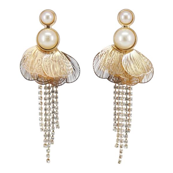 PEARL FLOWER METAL RHINESTONE TASSEL EARRING