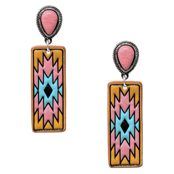 WESTERN FAUX LEATHER AZTEC DANGLE EARRING