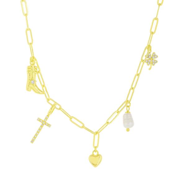 BRASS GOLD PLATED MULTI CHARM DANGLE NECKLACE