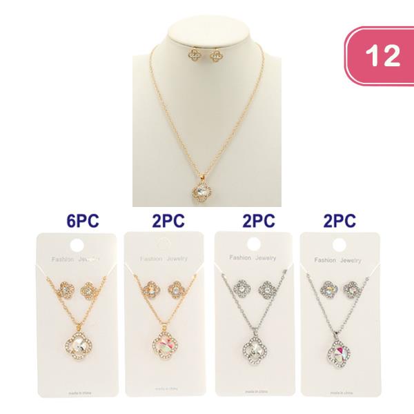 RHINESTONE CLOVER PENDANT NECKLACE EARRING SET (12 UNITS)