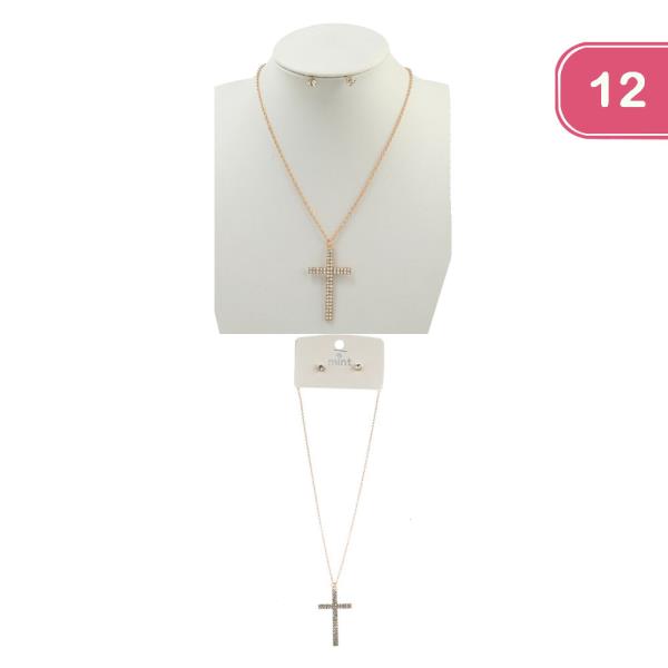 RHINESTONE CROSS NECKLACE EARRING SET (12 UNITS)