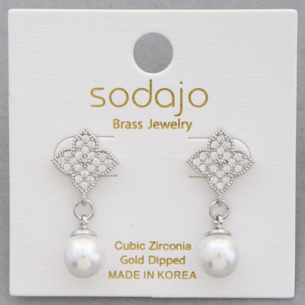 SODAJO CZ CLOVER PEARL BEAD GOLD DIPPED DANGLE EARRING