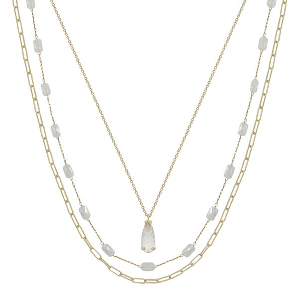 3 LAYER TEARDROP GLASS PENDANT BEADS CHAIN ACCENT SHORT NECKLACE