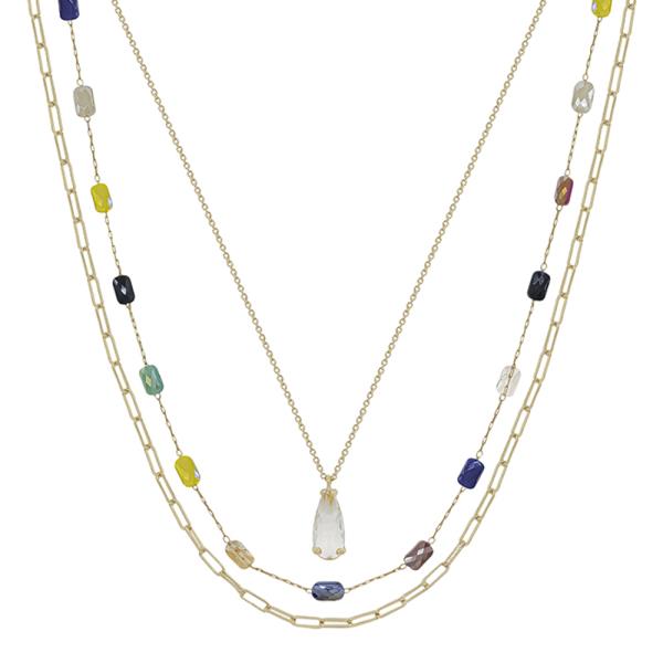 3 LAYER TEARDROP GLASS PENDANT BEADS CHAIN ACCENT SHORT NECKLACE