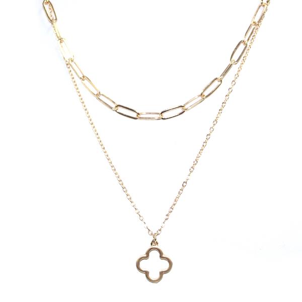 2 LAYERED METAL CHAIN CLOVER PENDANT NECKLACE