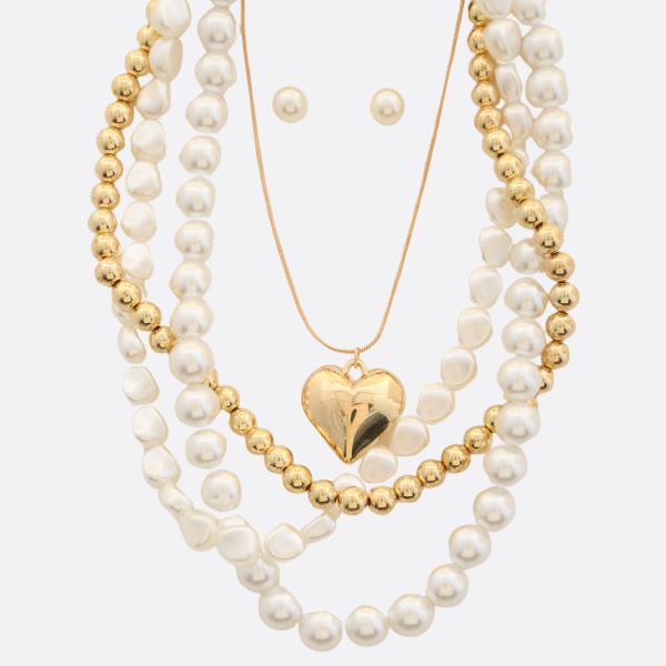 PUFFY HEART PENDANT PEARL BALL BEAD LAYERED NECKLACE