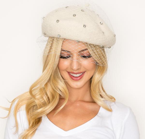 RHINESTONE STUDDED FISHNET VEIL BERET HAT