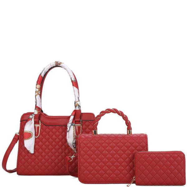 3IN1 QUILTED SCARF SATCHEL W CROSSBODY AND WALLET SET