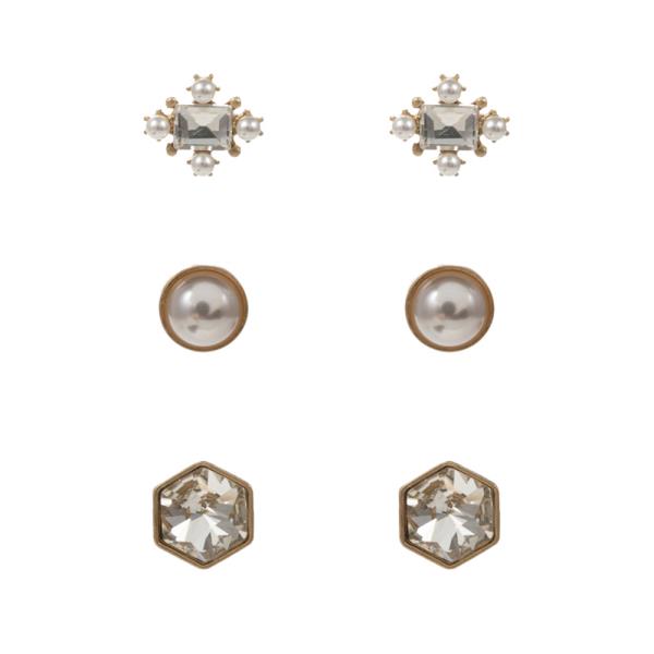 RHINESTONE PEARL STUD EARRING 3 PAIR SET