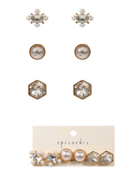 RHINESTONE PEARL STUD EARRING 3 PAIR SET