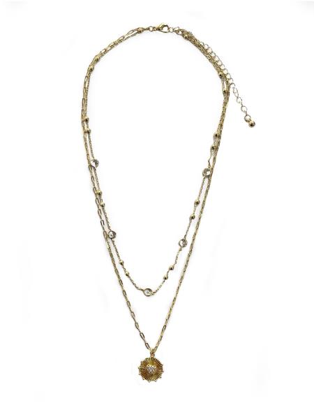 2 LAYERED METAL CHAIN ROUND PENDANT NECKLACE