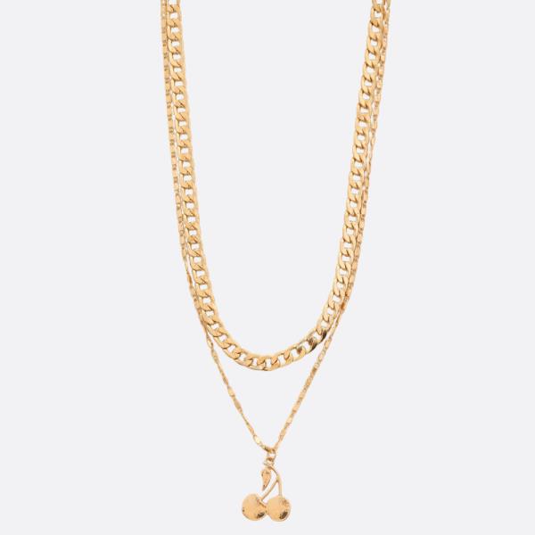 SDJ CHERRY PEDANT CURB LINK LAYERED METAL NECKLACE