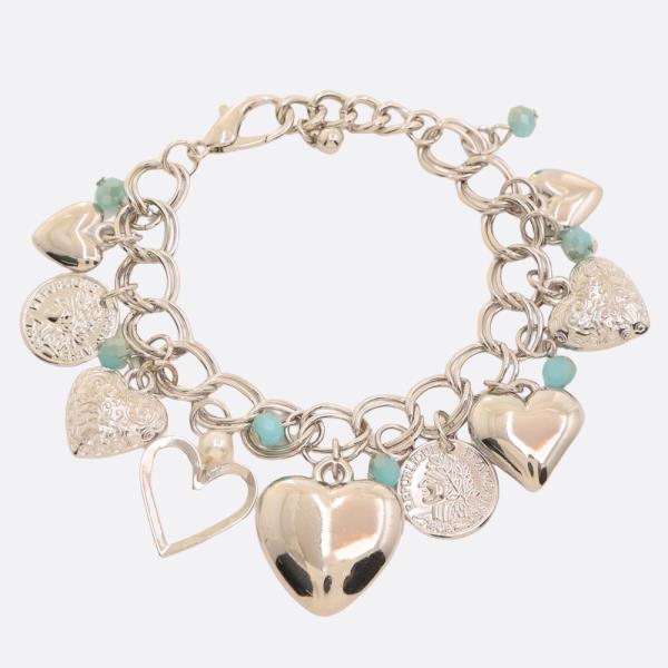 PUFFY HEART CHARM COIN OVAL LINK METAL BRACELET