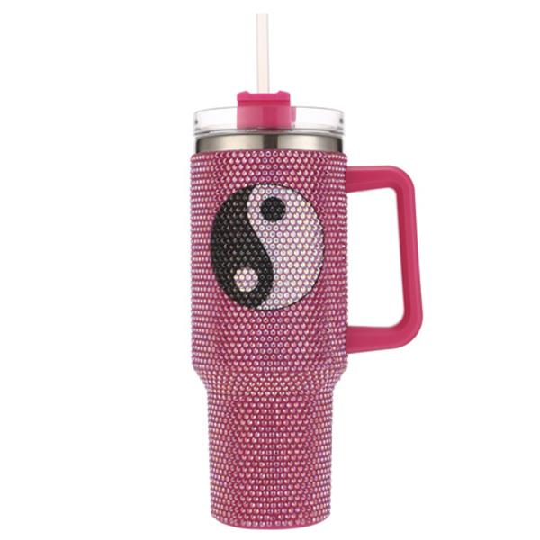 PINK YIN YANG RHINESTONE BLING 40 OZ TUMBLER WITH HANDLE STRAW