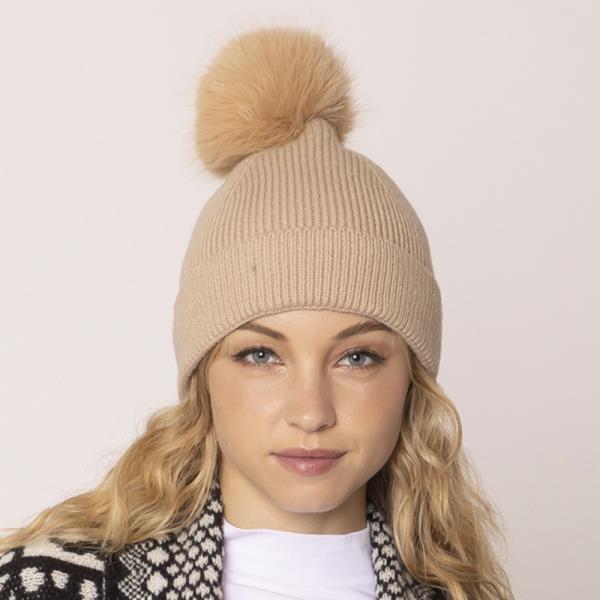 SOLID KNIT BEANIE W POM