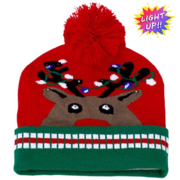 CHRISTMAS LIGHT UP BEANIES POM POM