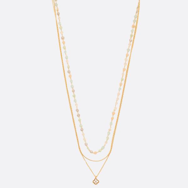 SODAJO DAINTY CLOVER CHARM BEADED LAYERED GOLD DIPPED NECKLACE