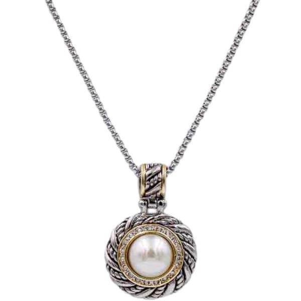 2 TONE PLATED CUBIC ZIRCONIA MOTHER OF PEARL PENDANT NECKLACE