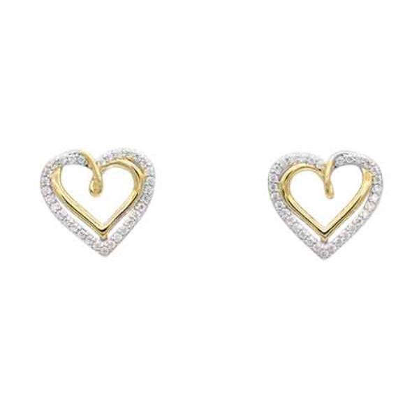 2 TONE METAL CUBIC ZIRCONIA HEART EARRINGS