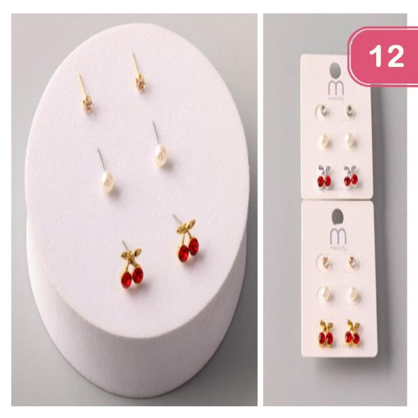 RHINESTONE CHERRY STUD EARRING SET (12 UNITS)