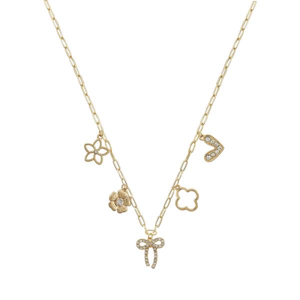 BOW FLOWER HEART CHARM STATION NECKLACE