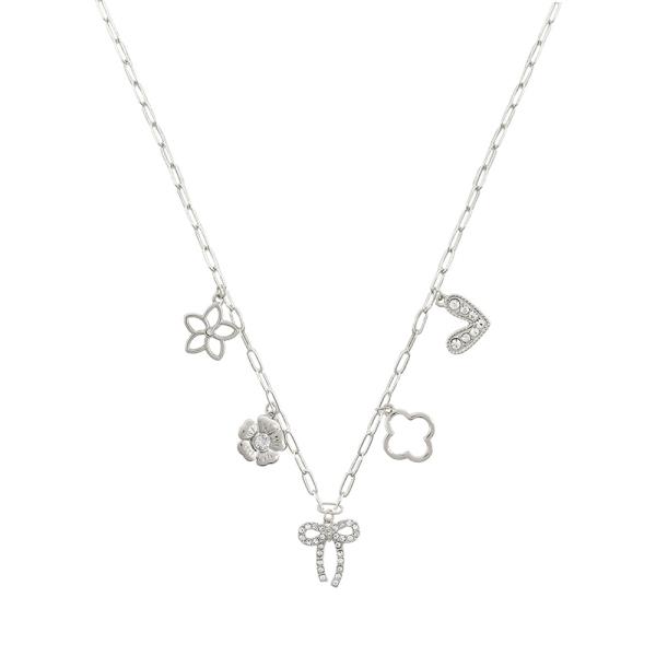 BOW FLOWER HEART CHARM STATION NECKLACE