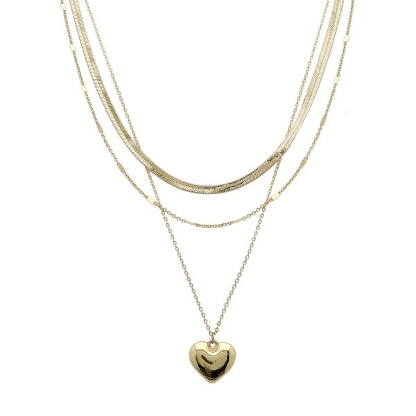 HEART PENDANT FLAT SNAKE LINK LAYERED METAL NECKLACE