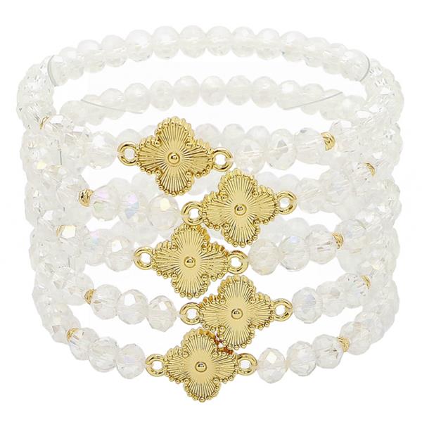 CLOVER CHARM CRYSTAL BEAD STRETCH BRACELET SET