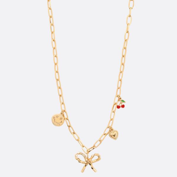 SODAJO BOW HEART CHARM OVAL LINK GOLD DIPPED NECKLACE