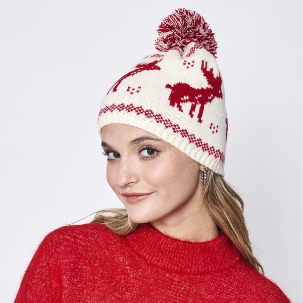 REINDEER NORDIC BEANIE W/POM