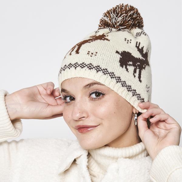 REINDEER NORDIC BEANIE W/POM