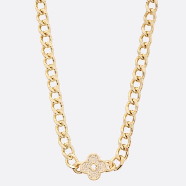 CLOVER RHINESTONE 14K GOLD PLATED CURB LINK NECKLACE