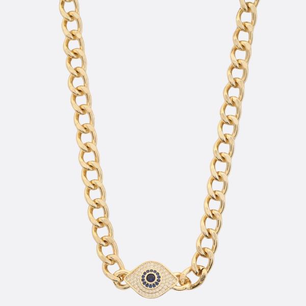 EVIL EYE RHINESTONE 14K GOLD PLATED CURB LINK NECKLACE