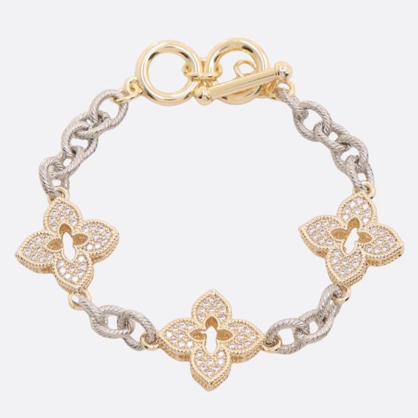 FLOWER RHINESTONE PENDANT TWO TONE 14K GOLD PLATED BRACELET