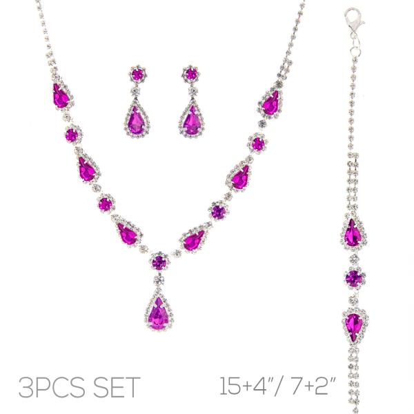 RHINESTONE TEARDROP NECKLACE EARRING BRACELET 3 PC SET