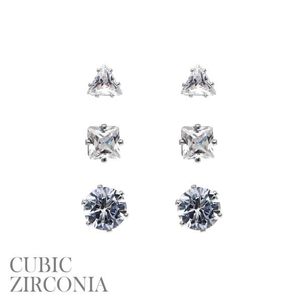 CZ TR5/RD5/SQ7MM 3 PAIR CARD EARRING SET