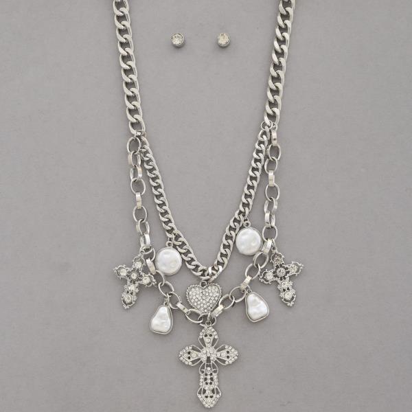 CROSS HEART CHARM RHINESTONE PEARL BEAD LAYERED NECKLACE