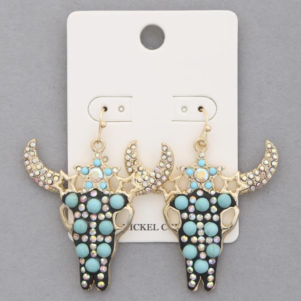 WESTERN STYLE CATTLE HEAD TURQUOISE BEAD RHINESTONE METAL EARRING