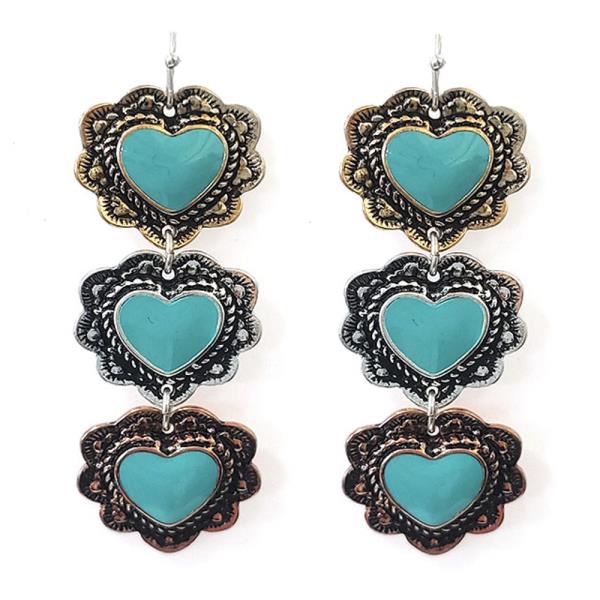 WESTERN STYLE HEART TQ STONE METAL DANGLE EARRING