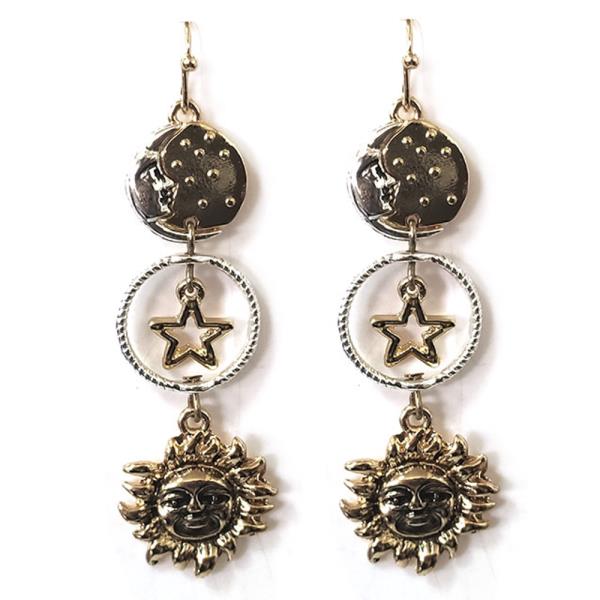 WESTERN STYLE SUN AND MOON AND STAR METAL DANGLE EARRING