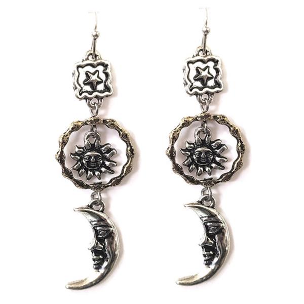 WESTERN STYLE SUN AND MOON AND STAR METAL DANGLE EARRING