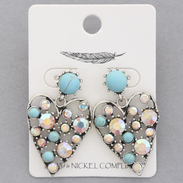 WESTERN STYLE TURQUOISE BEAD RHINESTONE HEART DANGLE EARRING