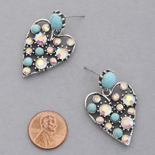 WESTERN STYLE TURQUOISE BEAD RHINESTONE HEART DANGLE EARRING