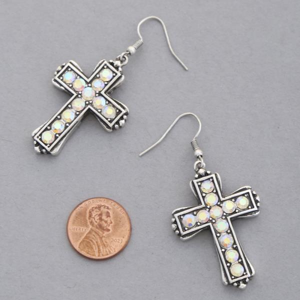 WESTERN STYLE CROSS RHINESTONE DANGLE EARRING