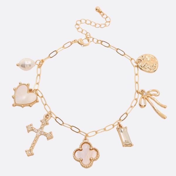 CLOVER CROSS CHARM OVAL LINK METAL BRACELET