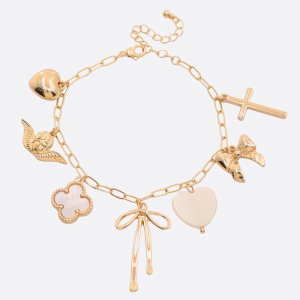 BOW CLOVER HEART CHARM OVAL LINK METAL BRACELET