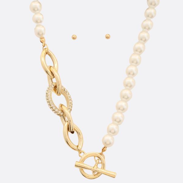 PEARL BEAD RHIESTONE OVAL LINK TOGGLE CLASP NECKLACE